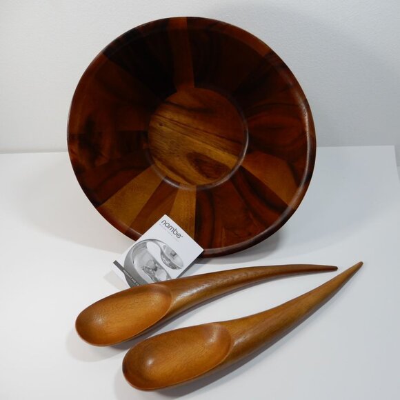 Nambe Harmony 3 Piece Salad Set Bowl & Tongs Brown Acacia Wood NEW $103 - Picture 13 of 13